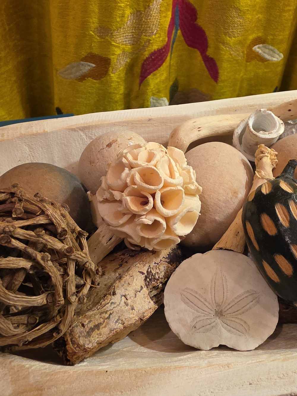 Large Decorative Wooden Dough Bowl Tray with Assorted Natural Accents